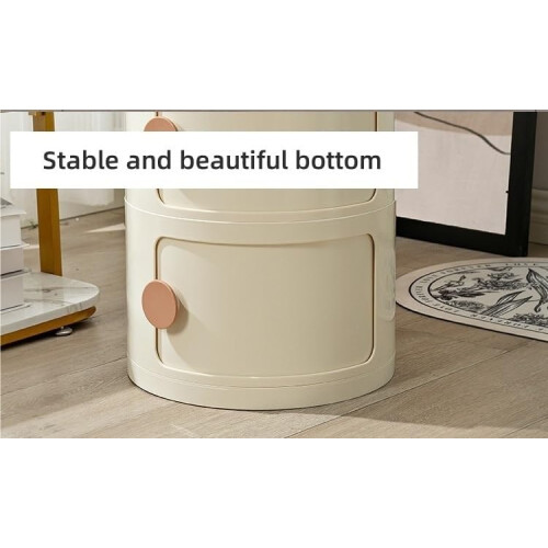 Round Bedside Table with Sliding Door, 4Tier MultiLayer Bedside Storage Cabinet, Beige 2