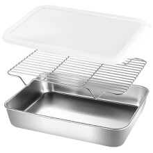 1 Set of Stainless Steel Roasting Pan with Rack Kitchen Storage Pan Oil Straining Grill Plate