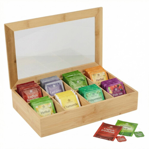 Excellent Houseware Bamboo Tea Box 8 Compartment Storage Organiser Chest Kitchen