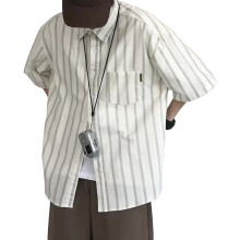 Camicia da uomo a maniche corte in stile lino, con bottoni, ispirata al look retrò hawaiano giapponese, con tinta unita e motivi a righe, ideale per