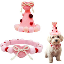 Hund Alla hjärtans dag-kostym, rosa hjärthatt justerbar pärlhalsband husdjurskostym