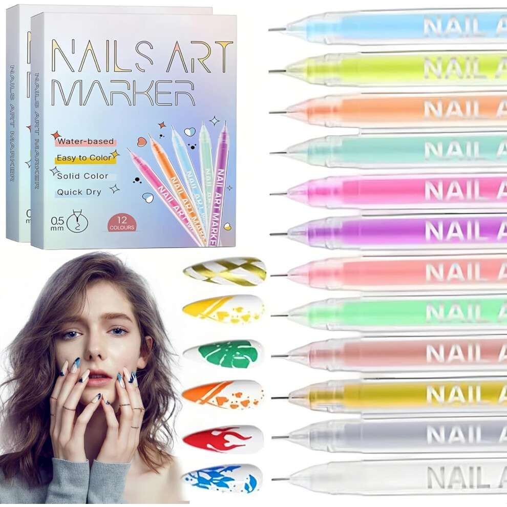 Oimg 12 Colours Nail Art Marker Pens Set, Quick Dry Diy Graffiti Dotting Pen Kit