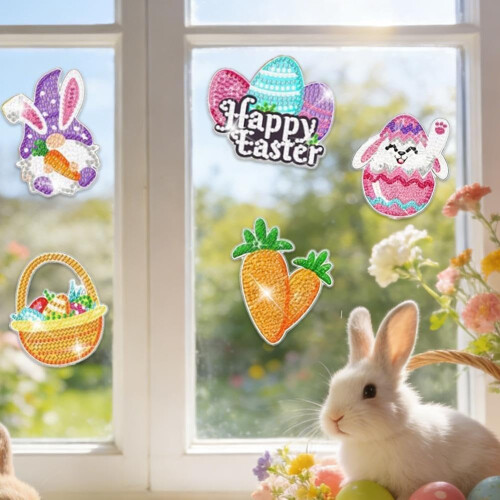 12 PCS Easter Diamond Painting Kits, 5D DIY Bunny Egg Keychain Craft 2