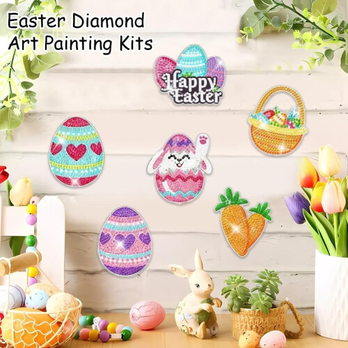 12 PCS Easter Diamond Painting Kits, 5D DIY Bunny Egg Keychain Craft 1