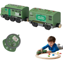 Trem elétrico com controle remoto para trilhos de madeira, motorizado, com luzes e sons para crianças.