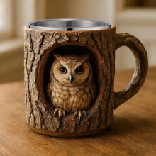 Caneca de café com desenho de buraco de árvore, coruja e guaxinim em 3D, feita de aço inoxidável.