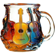 Caneca de vidro com arte em guitarra 3D, 350ml, colorida e artesanal, perfeita para amantes da música.