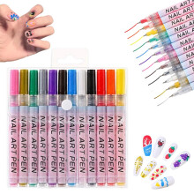 12 farger neglekunstpennsett gel, hurtigtørkende DIY-maling omriss salong hjem