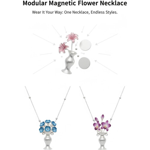 Colar com Pingente Modular em Formato de Vaso Prateado Magnético Flor Eterna, Presente Perfeito 1