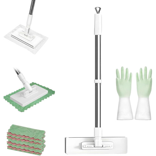 Disposable Dust Mop with 4 Reusable Cloths, Flat Mop Long Handle Cleaning