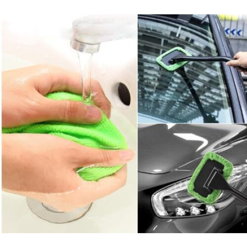 Windshield Cleaning Tool Microfiber, Car Window Cleaner Extendable Handle Pads 2