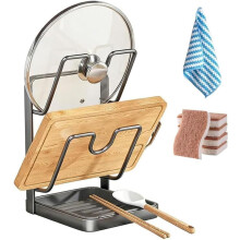 Organizador de bancada para tampas de panelas com bandeja, ideal para espátulas, conchas e pinças.