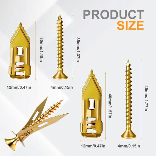 Buyzapp Self-Drilling Drywall Anchors With Screws Kit – 100-Pack, 12x40mm Galvanized Steel, Holds Up To 66lbs, Drill-Free Installation, Anti-Loosening