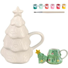 Kit DIY para Pintura de Árvore de Natal em Caneca de Cerâmica com Tintas Acrílicas e Pincel.