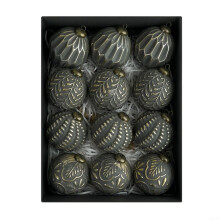 12Piece Black Christmas Tree Baubles Set 8cm Rustic Vintage Design Polypropylene Hanging Decorations