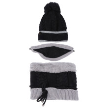 1Set Schwarzes Strickset Mütze Schal Maske Winddicht Warm Wollgarn
