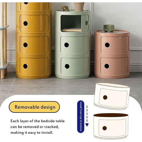 Modern Round Nightstand with Drawers and Sliding Door, Stackable Bedside Table for Bedroom 2