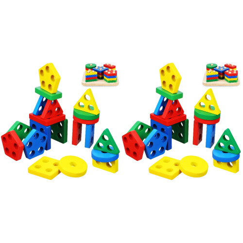 2 Sets Wooden Sorting Stacking Montessori Color Shape Blocks 1