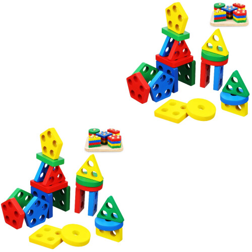2 Sets Wooden Sorting Stacking Montessori Color Shape Blocks 2