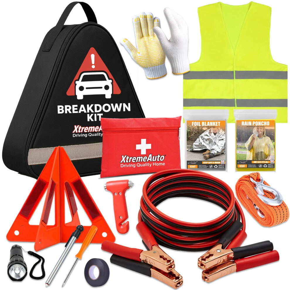 Xtremeauto Car Breakdown Emergency Kit Â Roadside Car Safety Kit With Warning Triangle, Hi-Vis Vest, Tow Rope, Jumper Leads, First Aid Kit & Storage 76437335