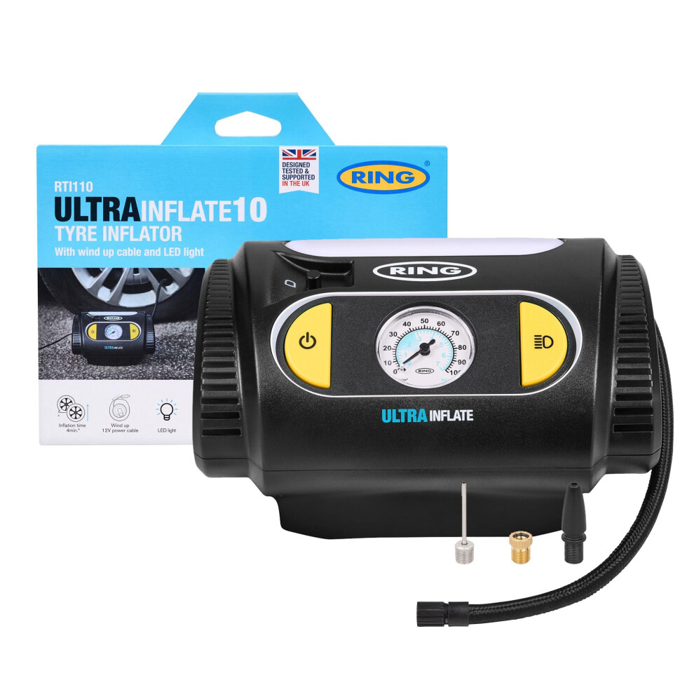 Ring Automotive Ring Ultrainflate 10 Analogue Tyre Inflator - Featuring Wind-Up Power Cable - Durable Manual Inflator For Accurate Pressure Control