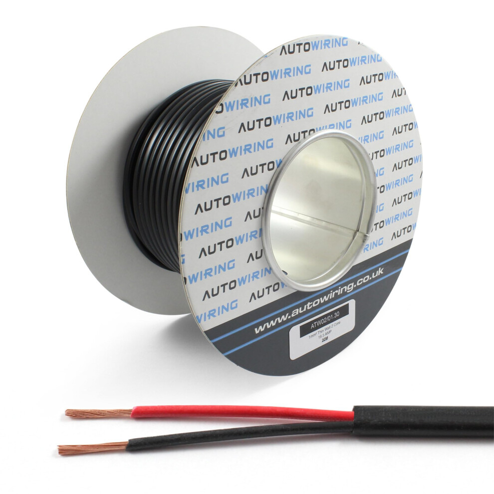Automotive Flat Twin 2 Core Cable 12V 24V Thin Wall Wire (16.5 Amp Rated 1Mmâ² 18 Awg) 10/30/50/100 Metre (10M Coil) 34308370