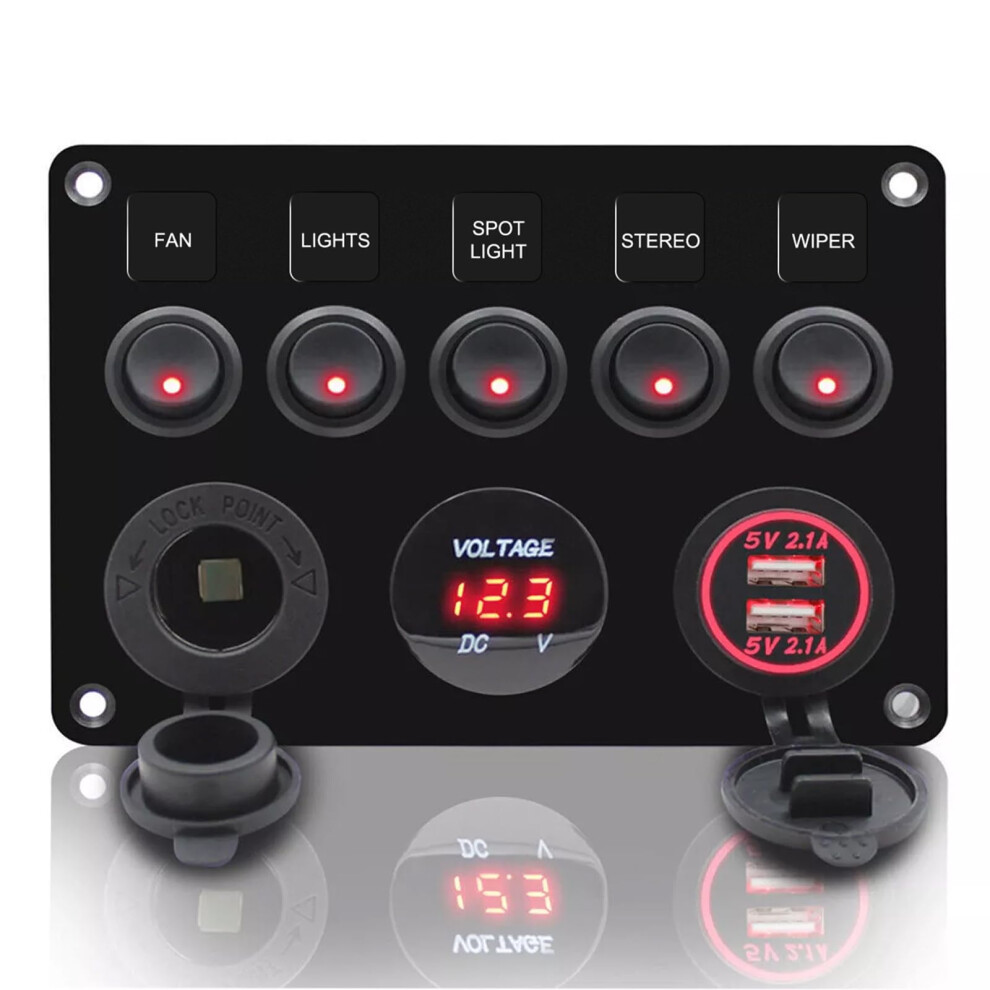 Geloo 12V 24V Toggle Switch Panel, Ip65 Waterproof Car Rocker Switches 4.2A Dual Usb Charger Port Lighter Socket Digital Voltmeter Display For Car Bo 88503608