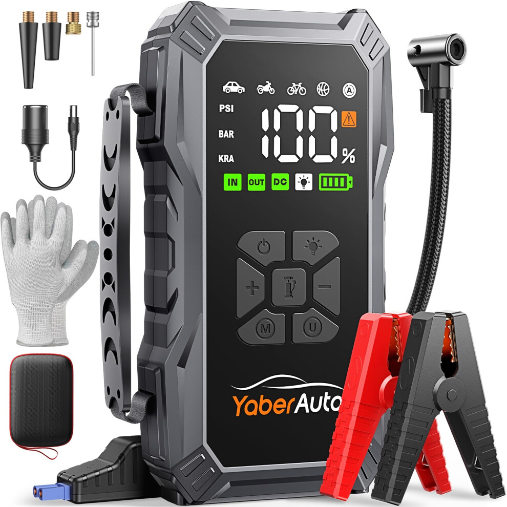 Jump Starter Power Pack With Air Compressor, Yaberauto 6000A Portable Car Battery Booster (All Petrol/10L Diesel), 12V Car Jump Starter Power Bank Wi 87626650