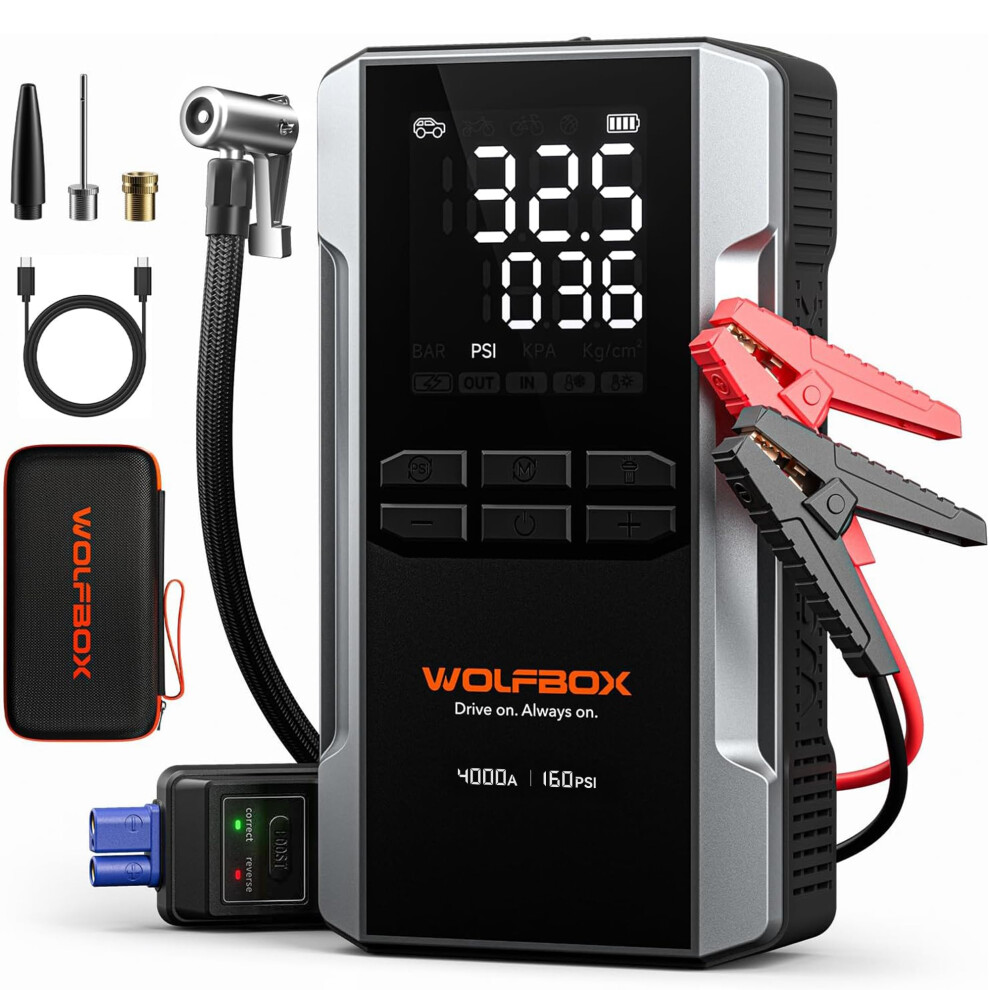 Wolfbox 4000A Jump Starter Power Pack With 160Psi Air Compressor, 12V Car Battery Booster Jump Starter,65W Fast Charge, 88.8 Wh Portable Tire Inflato 77575654