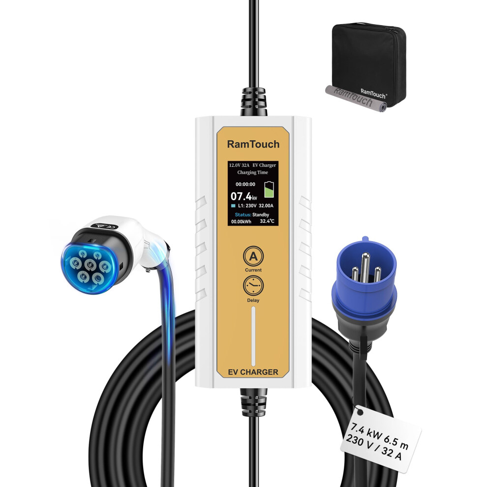 Ramtouch Electric Vehicle Charger (7.4 Kw, Type 2, 32A Commando Plug, 6.5 M), Ip65 Portable Car Charger With Adjustable Current (6Aâ32A) And Delayed 38040559