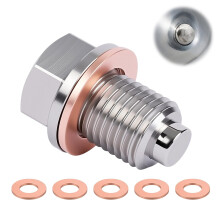 Magnetic Oil Drain Plug, Stainless Steel Sump Drain Nut Bolt with 5 Copper Crush Washer, Oil Sump Plug Universal Replacement Fit for Most Cars Motorc