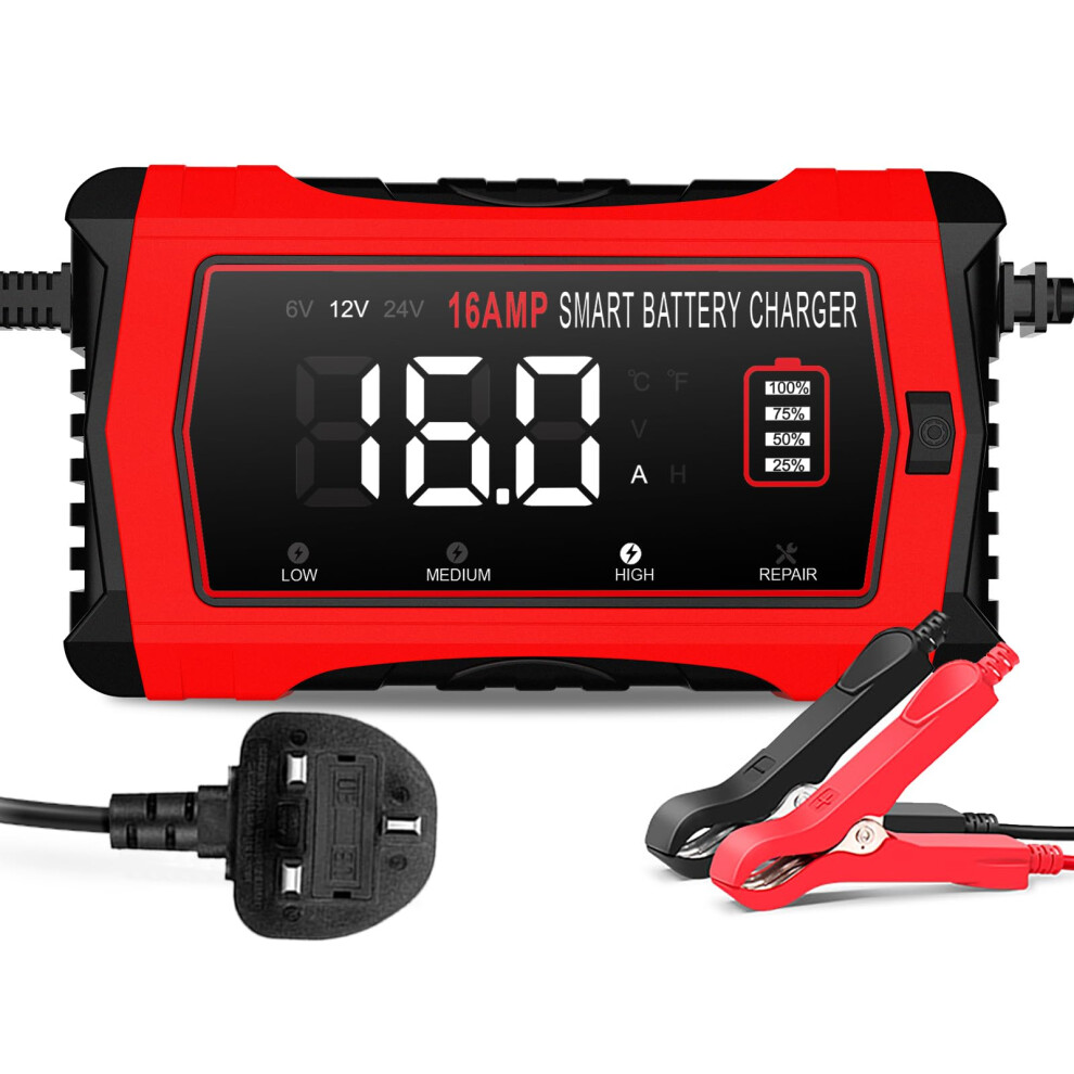 16-Amp Battery Charger, 12V 24V Lithium Lifepo4 Lead Acid Car Battery Charger 10-Stage Trickle Charger Smart Battery Maintainer W/Temp Compensation F 54978232