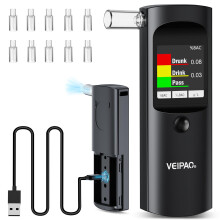 VEIPAO Alcohol Breathalyzer Tester UK Breathalysers: Portable Breathalyser with 11 Mouthpieces - Digital LCD Screen Alcohol Test Kit High Accuracy fo
