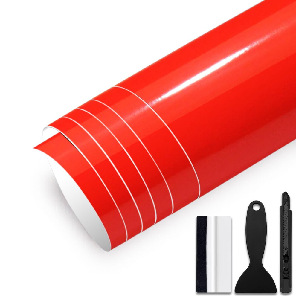 Grthtati 30Cm X 150Cm Gloss Vinyl Wrap For Car Interior & Exterior Self Adhesive Bubble-Free Vinyl Film For Automotive, Motorcycle, Bike (Gloss Red 50039395