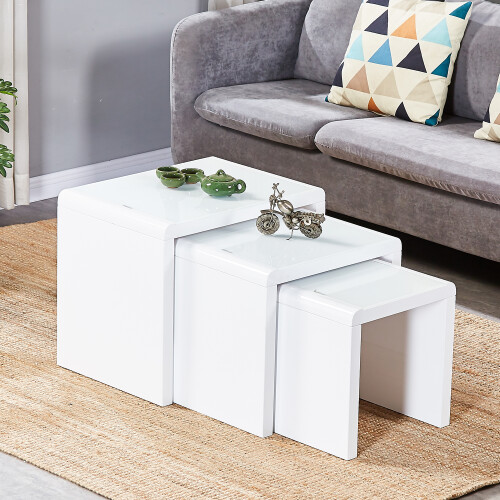 (WHITE) Nested Coffee Table Set of 3, Stackable Side Tables