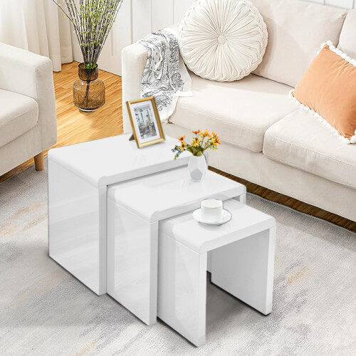 (WHITE) Nested Coffee Table Set of 3, Stackable Side Tables 1