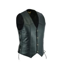 Men Premium Top Grain Cowhide Classic Motorcycle Leather Waistcoat Vest with Side Laces Black (L)