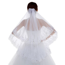 Women 2 Tier Lace Tulle Wedding Veil with Glitter Sequins, White, 55cm & 75cm Layers