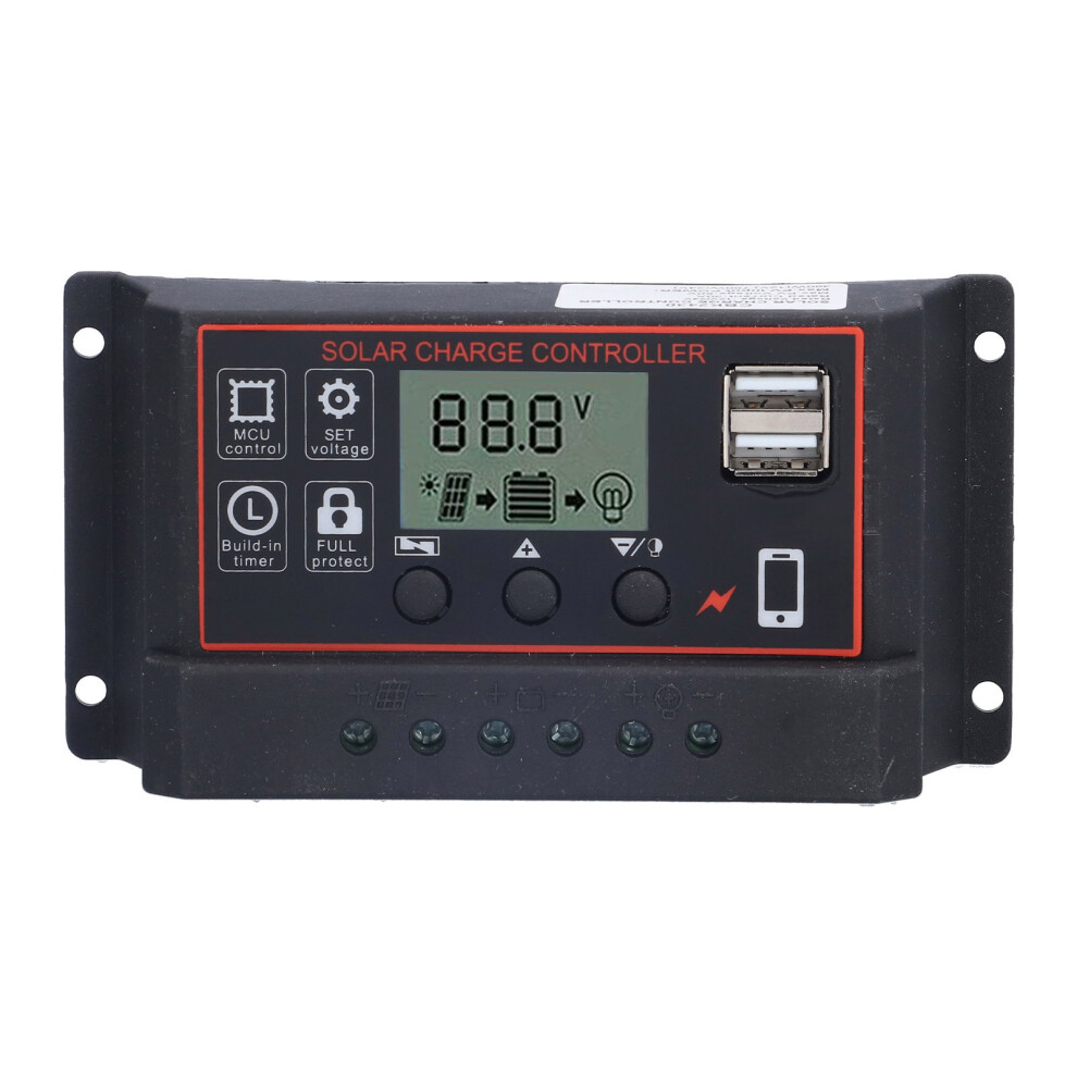 Solar Charge Controller Intelligent Regulator, Dual Usb Port 12V 24V Auto Parameter Adjustable Lcd Display With Pwm Technology For Battery Lifespan 9358999262741