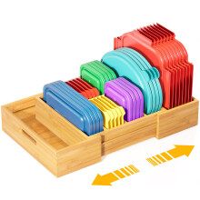 Expandable Bamboo Lid Organizer with Adjustable Dividers for Kitchen Cabinet and Pantry Storage