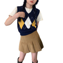 Vestă tricotată pentru femei, maiou scurt fără mâneci, cu decolteu în V, cu model în carouri Argyle, vestă tricotată în stil preppy pentru