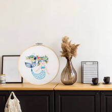 Cross Stitch Kits for Beginners & Enthusiasts, Pre-Printed Mermaid Pattern on Linen, Bamboo Hoop with Adjustable Screw, Colorful Threads &