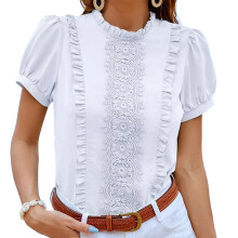 Elegant silkeagtig bluse til kvinder Business Casual toppe Kortærmet flæset satin arbejdstøj Blødt hudvenligt stof Rent farvedesign Plisseret