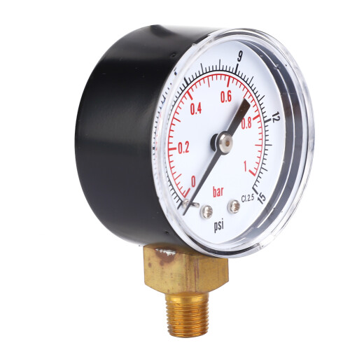 Μανόμετρο με καντράν 50mm, εύρος μέτρησης 0-15PSI (0-1Bar), κατασκευή από ορείχαλκο για 1