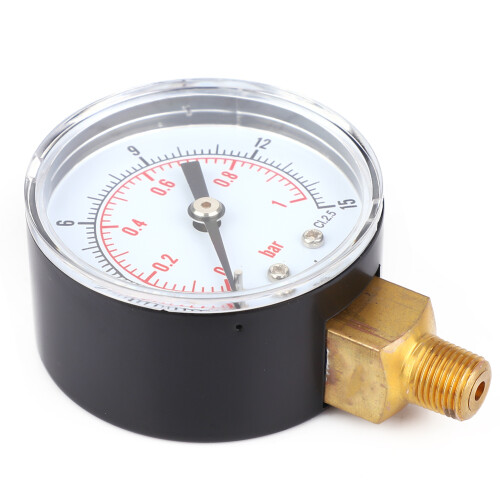 Μανόμετρο με καντράν 50mm, εύρος μέτρησης 0-15PSI (0-1Bar), κατασκευή από ορείχαλκο για 2