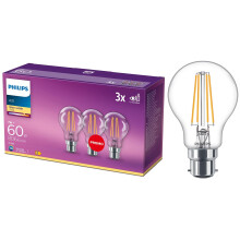 Philips GLS Clear Filament LED Light Bulbs, B22, 7W, 806 Lumens, 60W Equivalent, Warm White 2700K - 3 Pack