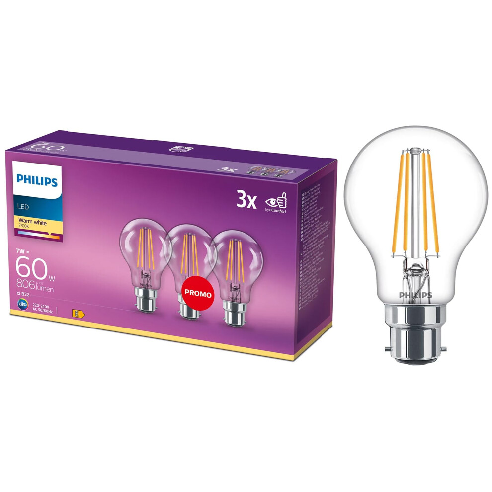 Philips Gls Clear Filament Led Bulbs, B22, 7W, 806 Lumens, 60W Equivalent, Warm 2700K - 3 Pack Light/White