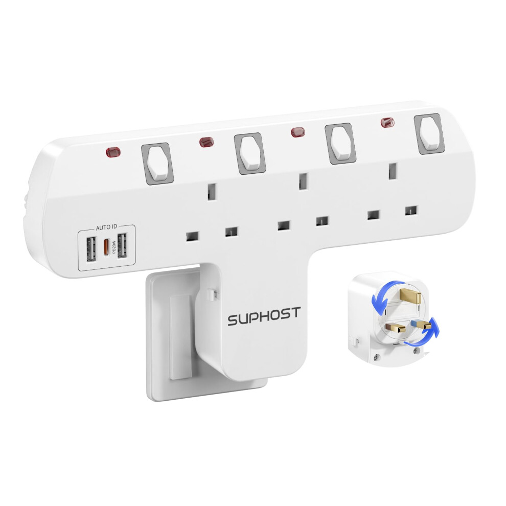 Plug Extension Socket With 180 Degree Rotating Uk Plug, 3 Way Multi Plug Adaptor With 2 Usb-A & 1 Pd 20W Usb-C, 13A Fused Plug Adapter With Independe 39541857