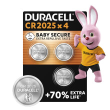 DURACELL 2025 Lithium Coin Batteries 3V (4 Pack) - Up to 70% Extra Life - Baby Secure Technology - For Use in Key Fobs, Fitness Watches and 3D Glasse