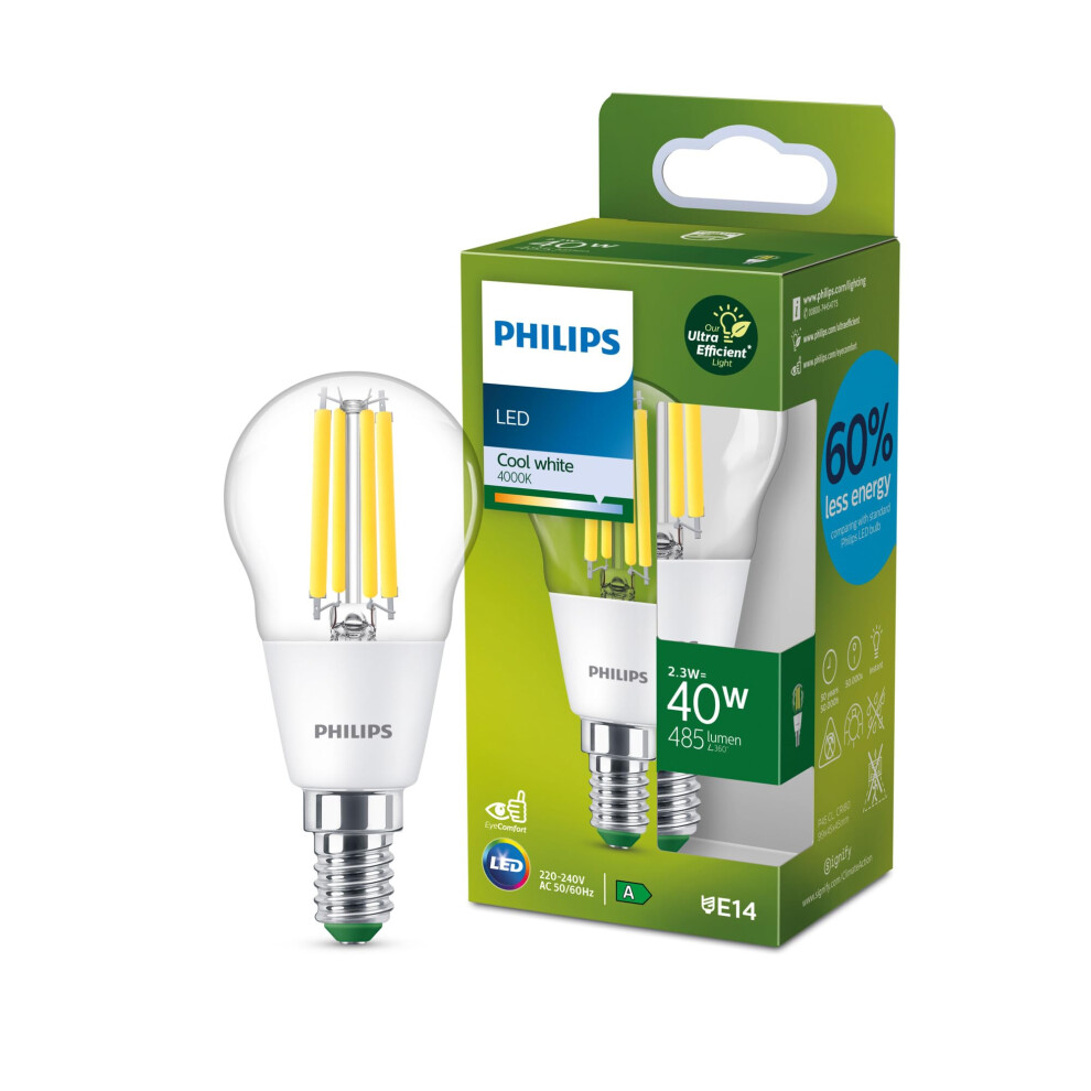 New Philips Ultra Efficient - Ultra Energy Saving S, Led Source, 40W, P45, E14 Candle Cool 4000 Kelvin, Clear Light/White
